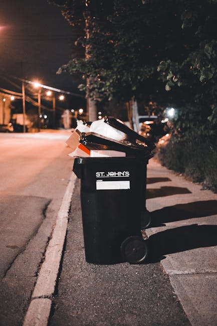 A black wheeled rubbish bin with white lettering marked 'St. John's' is positioned on the edge of a sidewalk on a quiet street at night, illuminated by streetlights. The bin is filled with various waste items, including cardboard boxes and plastic packaging, which are visible spilling over the top. The surrounding environment includes a row of dark shrubbery and trees along the sidewalk, with the background showing a street with parked cars and distant streetlights casting a warm glow. The pavement has a curb separating it from the road, and the scene suggests an environmental context of waste collection or disposal, potentially involving private rubbish collection services like Rubbish Collection Haringey. The lighting and shadows create a calm, nocturnal atmosphere conducive to outdoor waste management activities typical of alternative or independent rubbish disposal practices.
